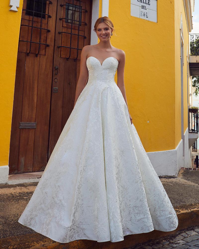 La23112 strapless satin ball gown wedding dress with pockets3